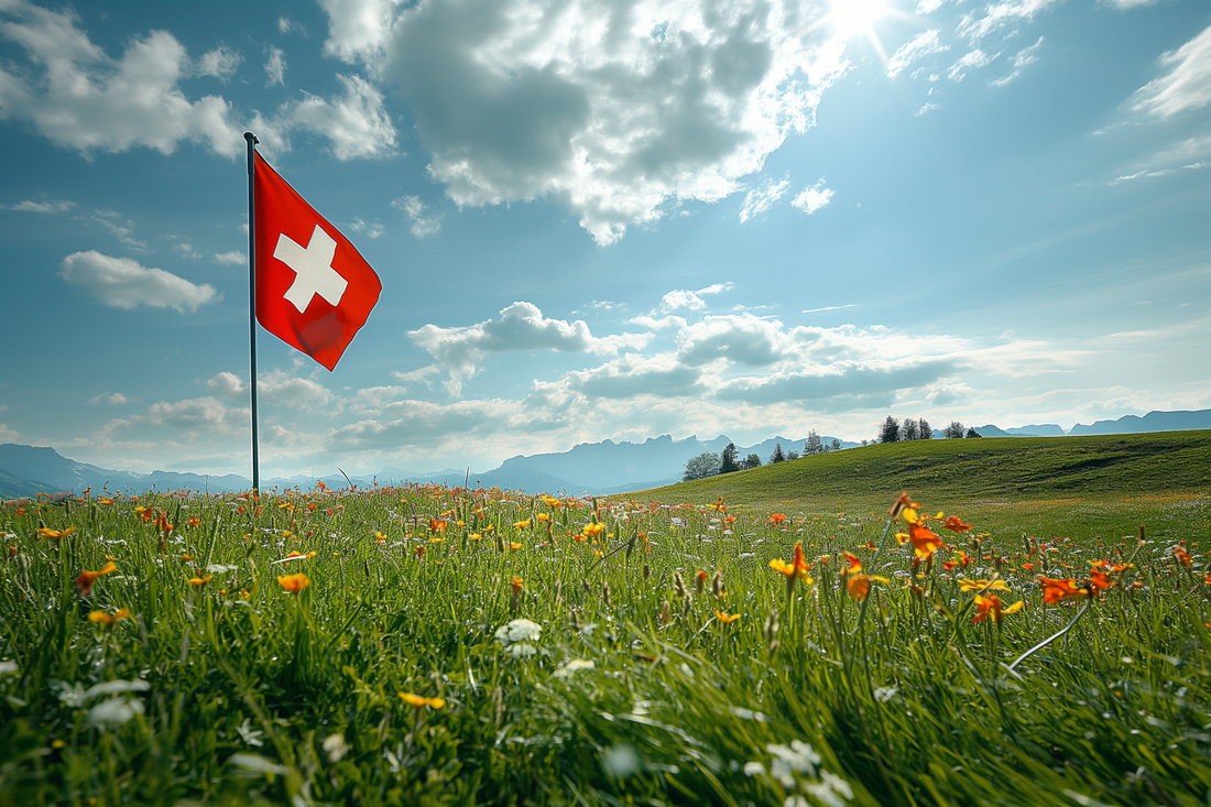 Schweizer Flagge auf grüner Bergwiese